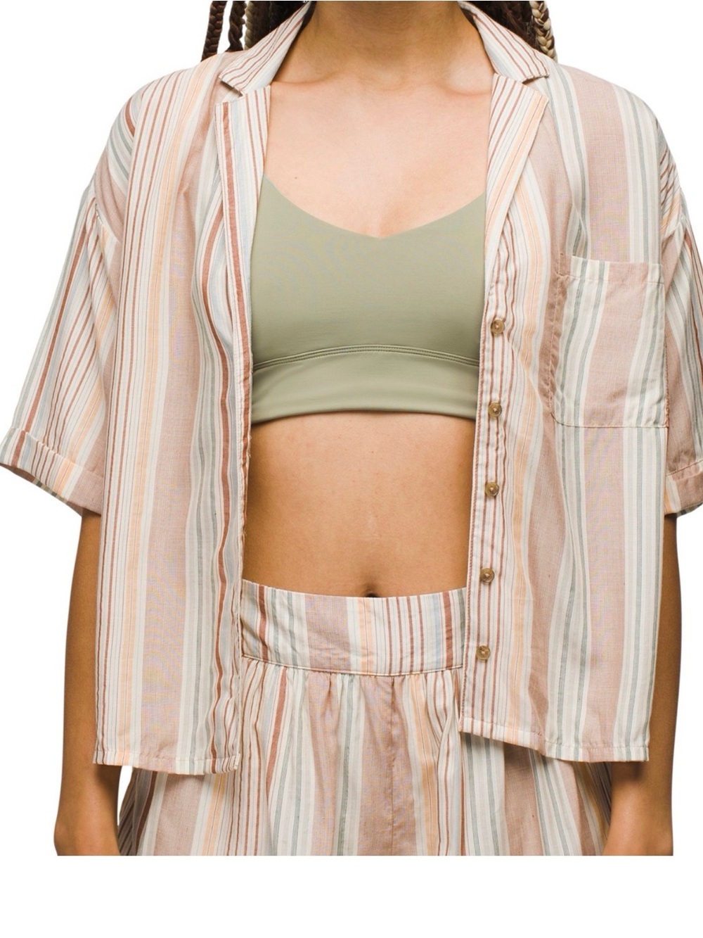 Prana Striped Button-Up Shirt in Cream, Tan, Rust and Green